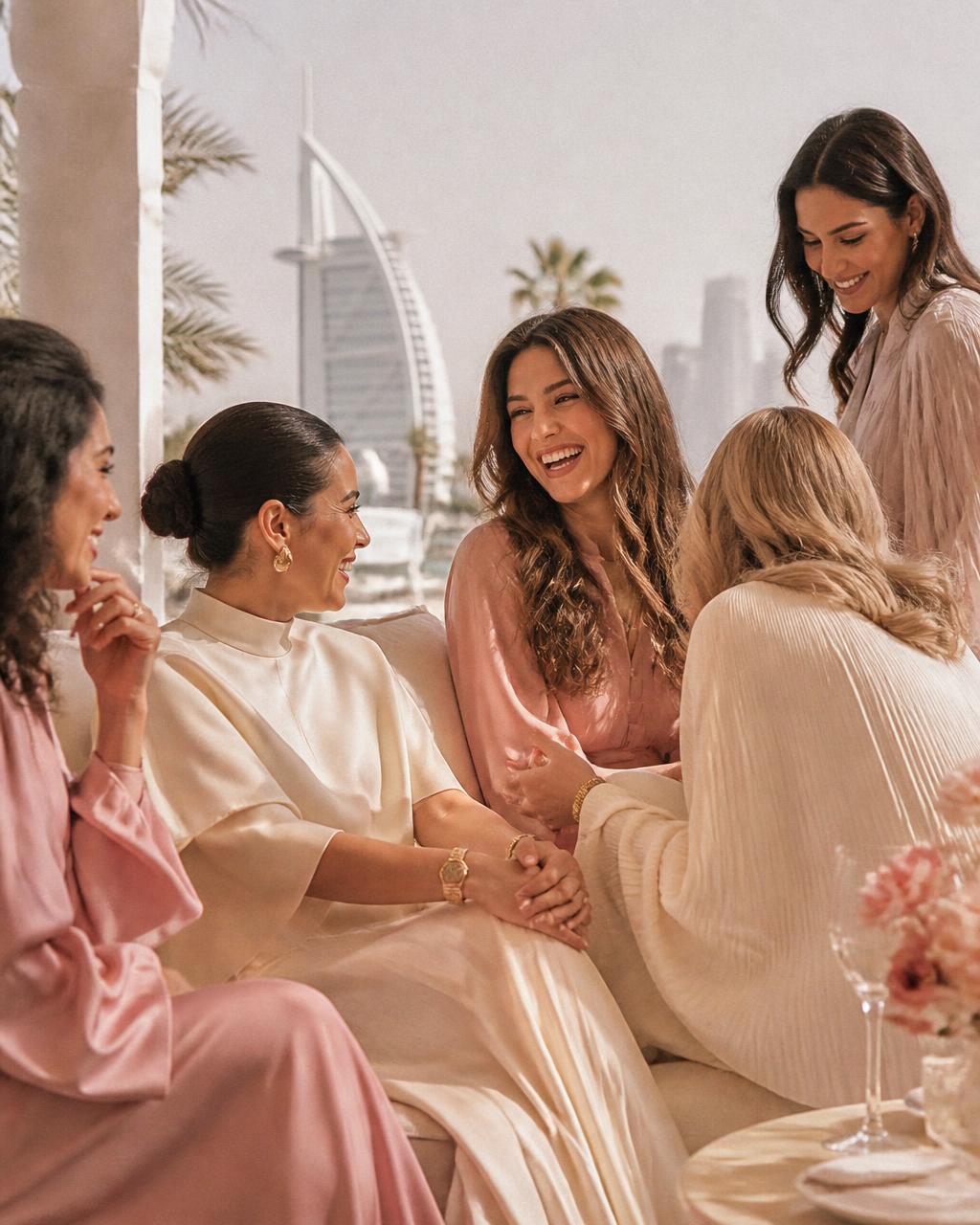 Women of EVA Women's Club talking and laughing together with the Burj Al Arab in the background