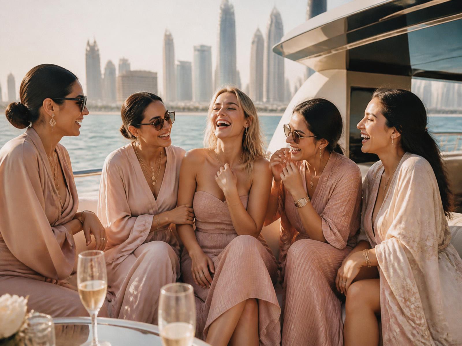 Women in blush activewear practising pilates on the deck of a yacht at sunrise in Dubai